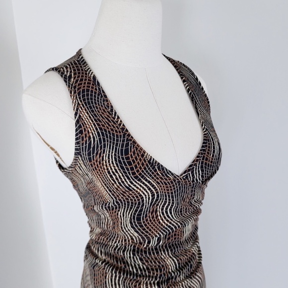 Vintage midi fitted dress abstract y2k v-neck plunge neckline wrap squiggles - Picture 6 of 13